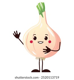 Onion character, neutral emotion, greeting, cute veggie with hands and foots kawaii style. Isolated illustration on white background. Design for logo, print or element in kitchen design