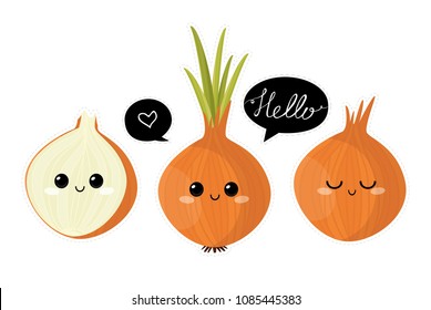 Onion characters. Vector set  in cartoon style. Isolated  vegetables.
