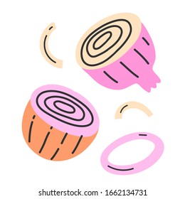 Onion collection, vector icon illustrations isolated on white, cute doodle drawing, hand drawn cartoon, red or purple onion cut in halves with onion rings and slices, cooking ingredient