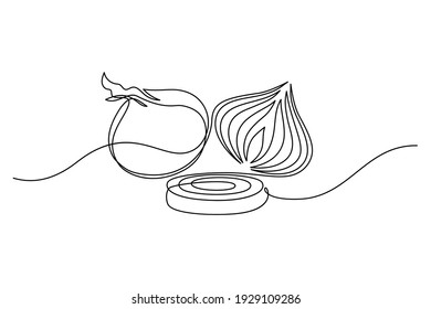 Onion in continuous line art drawing style. Onion whole bulb, half cut and ring sliced minimalist black linear sketch isolated on white background. Vector illustration