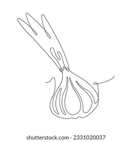 Onion in continuous line art drawing style. Onion bulb and leaves minimalist black linear sketch isolated on white background. Vector illustration