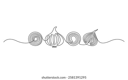 Onion continuous one line drawing style. Onion whole bulb, half cut and ring sliced minimalist black linear sketch isolated on white background. Vector illustration