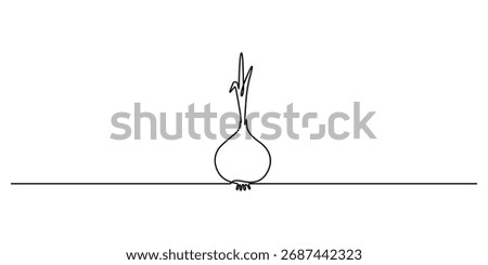Onion continuous one line drawing, Continuous single line draw with leek. One line draw of whole healthy freshness organic onion with leek for plantation logo identity. Vector illustration