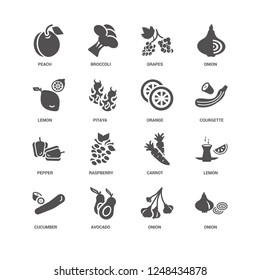 Onion, Courgette, Orange, Cucumber, Lemon, Peach, Pepper, Avocado, Grapes icon 16 set EPS 10 vector format. Icons optimized for both large and small resolutions.