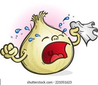 Onion Crying with Handkerchief Cartoon Character