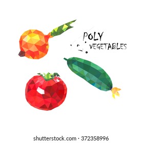 onion, cucumber, tomato in polygonal geometrical mosaic origami style 