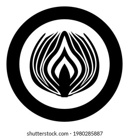 Onion cut in half part Bulbs chopped sliced vegetable silhouette in circle round black color vector illustration solid outline style image