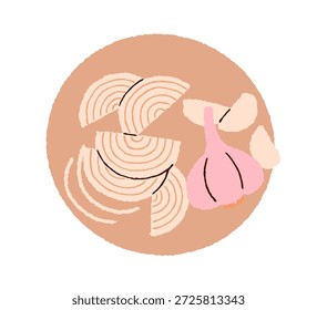 Cebolla cortada en rodajas de medio anillo, bulbo de ajo, vista superior. Clavo entero, trozos, verduras picantes y picantes. Especias naturales, condimentos, condimentos. Ilustración vectorial plana aislada sobre fondo blanco