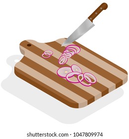 Onion is cut with a knife on a kitchen wooden board