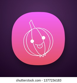 Onion cute kawaii app character. Happy vegetable with smiling baby face and stuck out tongue. Laughing food. Funny emoji, emoticon, smile. Vector isolated illustration