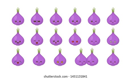 Onion cute kawaii mascot. Set kawaii food faces expressions smile emoticons. 