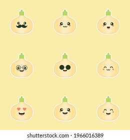 Onion. Cute vegetable vector character set isolated on color background. Funny and healthy food. Vitamins contained in onion. Food with cute face. Vector cartoon. Vector illustration of vegetable 