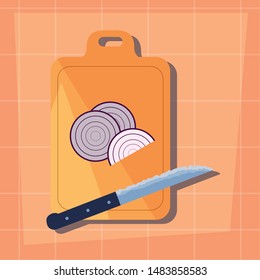 onion cutting board knife preparation cooking flat design