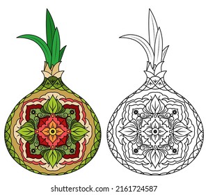 An onion with a doodle pattern on a white background. Coloring book for adults and children. Decorative element for the design of printed products