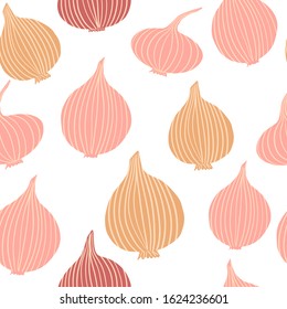 Onion in doodle style seamless pattern on white background. Hand drawn onion bulb vegetable wallpaper. Vegetarian healthy food. Design for fabric, textile print, wrapping paper. Vector illustration