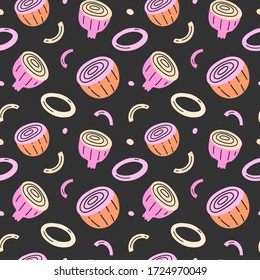 Zwiebeldoodles, Zwiebelgemüse in halben Scheiben mit Scheiben und Ringen, Gemüsemaschine, nahtlose Vektormuster, trendige Ornamente, gut wie Küchenprint, moderne, handgezeichnete Flachkunst