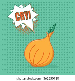 Onion with emotion speech bubble on green background in pop art style  - Vector illustration 