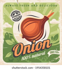 Onion farm vintage poster design. Farm fresh product retro advertisement  on old paper  texture with healthy organic vegetables. Onion vector image natural food.