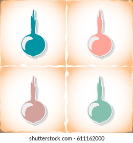 Onion. Flat sticker with shadow on old paper. Vector illustration