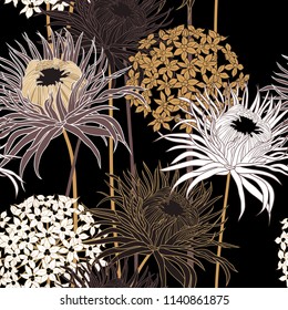 Onion flowers   unexpanded asters black background  Vector seamless  pattern  Hand  drawn  illustration  