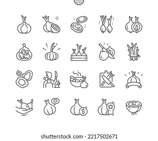 Onion. Fresh vegetable ingredient for cooking. Food shop, supermarket. Slice and whole of onion. Pixel Perfect Vector Thin Line Icons. Simple Minimal Pictogram.