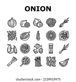 Onion Fresh Vitamin Vegetable Icons Set Vector. White And Purple Onion, Growing Green And Shallot. Harvesting Ripe Eatery Bio Plant For Flavoring Meal And Salad Black Contour Illustrations