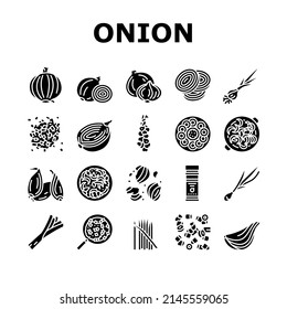 Onion Fresh Vitamin Vegetable Icons Set Vector. White And Purple Onion, Growing Green And Shallot. Harvesting Ripe Eatery Bio Plant For Flavoring Meal And Salad Glyph Pictograms Black Illustrations