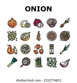 Onion Fresh Vitamin Vegetable Icons Set Vector. White And Purple Onion, Growing Green And Shallot. Harvesting Ripe Eatery Bio Plant For Flavoring Meal And Salad Color Illustrations