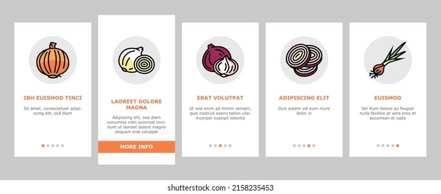 Onion Fresh Vitamin Vegetable Onboarding Mobile App Page Screen Vector. White And Purple Onion, Growing Green And Shallot. Harvesting Ripe Eatery Bio Plant For Flavoring Meal And Salad Illustrations