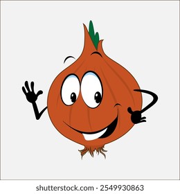 Onion, funny cartoon character. Illustration, vector, drawing, face, smile.