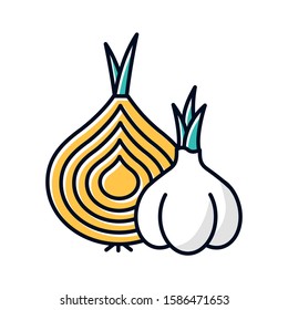 Onion and garlic color icon. Nutrition vegan food. Ripe root. Sliced vegetable. Cut bulbe. Common cold aid. Healthcare. Flu infection, influenza virus cure. Grippe help. Isolated vector illustration