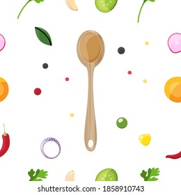 onion, garlic, corn, chili pepper, radish, peas, olives, olives, Basil, spoon. Healthy food, vegetarianism, low-calorie food, vegetables, concept. vector seamless pattern background