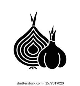 Onion and garlic glyph icon. Nutrition vegan food. Ripe root. Sliced vegetable. Cut bulbe. Common cold aid. Healthcare. Grippe help. Silhouette symbol. Negative space. Vector isolated illustration