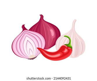 Onion, garlic and hot red chili pepper. Heap of spicy spices. Vector flat illustration, icon.