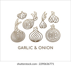 Onion and garlic linear set icons. Logo vegan food. Ripe root. Spices sliced vegetable. Vector contour illustration. Symbol of farm, restaurant food, health, diet, eco-friendly alternative medicine.
