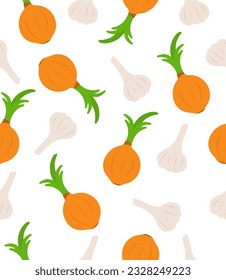 Onion and garlic pattern on a white background.