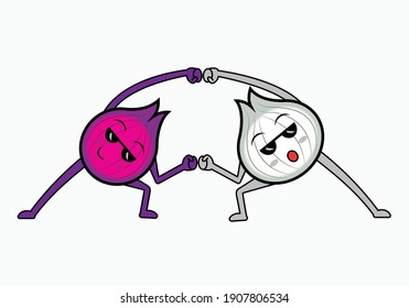 Vector de color cebolla con forma de ajo con cara linda posando sobre fondo blanco