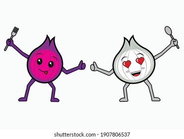 Onion and Garlic shaped vector with cute face posing on white background