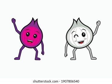 Onion and Garlic shaped vector with cute face posing on white background