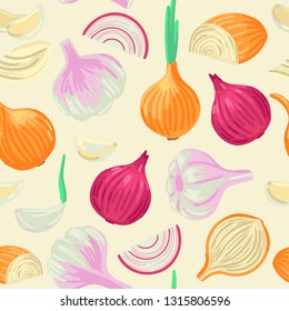 Onion and garlic. Onion and sliced onions, white and red. Sprouted green onions. Garlic cloves and garlic bulb. Vector seamless pattern of vegetables for spice