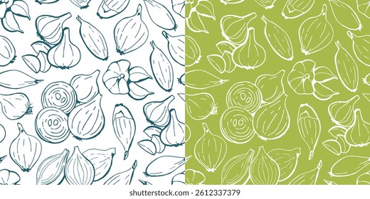 Onion and garlic vegetable seamless pattern set vector line art style. Hand drawn food repeat design collection for restaurant, farm market banner