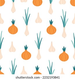 Zwiebel, grüne Zwiebel und nahtloses Knoblauch-Muster. Gemüsenahtloses Muster. Flat, handgezeichnet, für Tapeten, Textilien, Gewebe, Papier. handgezeichnete Vektorgrafik