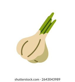 Cebola com tampos verdes. Lâmpada com casca, deixa ícone. Vegetal natural, produto orgânico, comida agrícola saudável para comer. Agricultura, colheita. Ilustração de vetor isolado plano sobre fundo branco