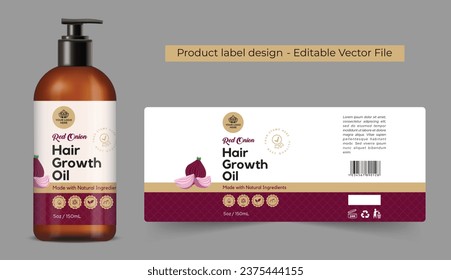 Onion hair oil label design, private label design for onion hair growth oil branding, packaging design for oil label, bottle label design, Made with natural ingredients, editable template vector file