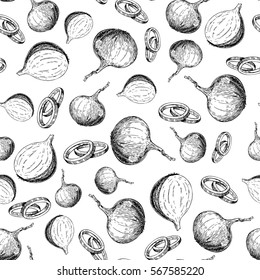 Onion hand drawn vector seamless pattern. Isolated Vegetable engraved style background. Full, rings and Half cutout slice. Detailed vegetarian food drawing. Farm market product. 