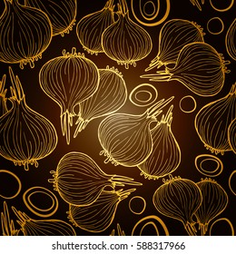Onion hand drawn vector seamless pattern on gold background. Full, rings and Half cutout slice. Detailed vegetarian food drawing. Farm market product.