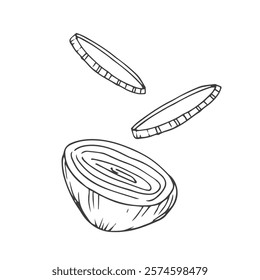 Onion hand drawn vector set. Full, rings and half cutout slice. Outline ink slyle sketch.