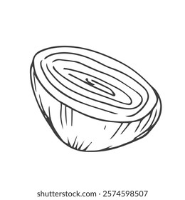 Onion hand drawn vector set. Full, rings and half cutout slice. Outline ink slyle sketch.