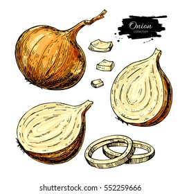 Onion hand drawn vector set. Full, rings and Half cutout slice. Isolated Vegetable artistic style object. Detailed vegetarian food drawing. Farm market product. Great for menu, label, icon