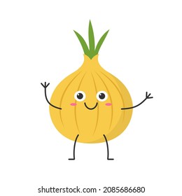 Onion hand greeting cute character cartoon emotions joy happy smiling face icon beautiful vector illustration.